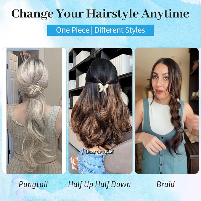 KooKaStyle Invisible Wire Hair Extensions with Transparent Wire Adjustable Size 6 Secure Clips Long Wavy Layered Synthetic Hair Extensions P12A/24#Ash Medium Brown Mix Bleach Blonde 20 Inch