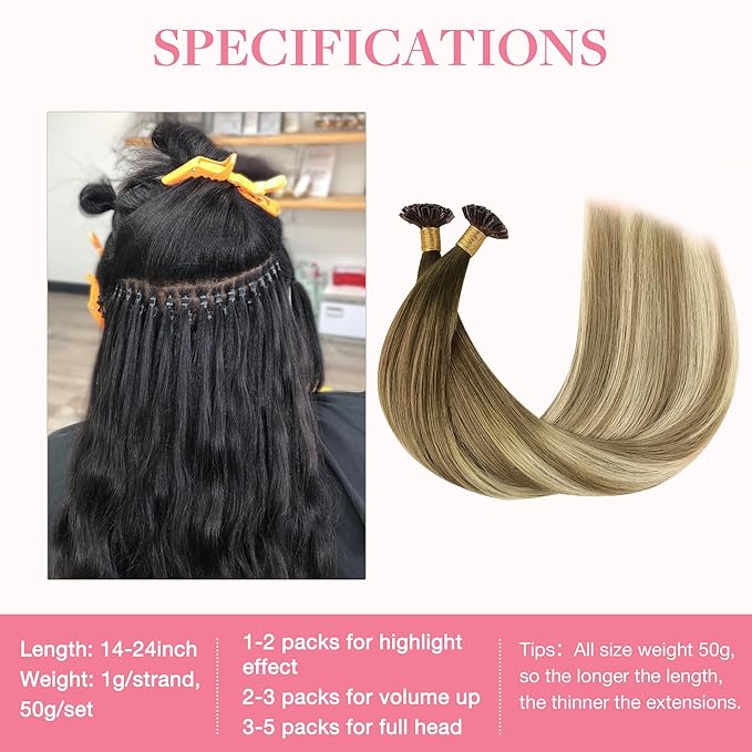 GOO GOO U Tip Real Human Hair Extensions, 16inch 50g 50S, Hot Fusion, Invisible Remy, 3/8/613 Balayage Walnut Brown to Ash Brown and Bleach Blonde