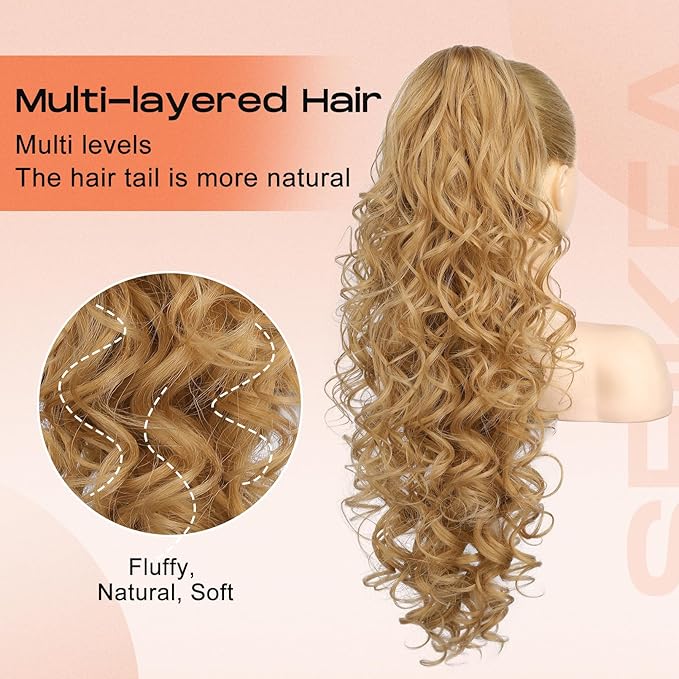 SEIKEA Ponytail Extension, 24" Fluffy Long Wavy Curly Claw Clip Hair Extensions Ponytail Multi-layered Clip in Fake Pony Tails Natural Soft Synthetic Hairpiece Dark Champagne Blonde