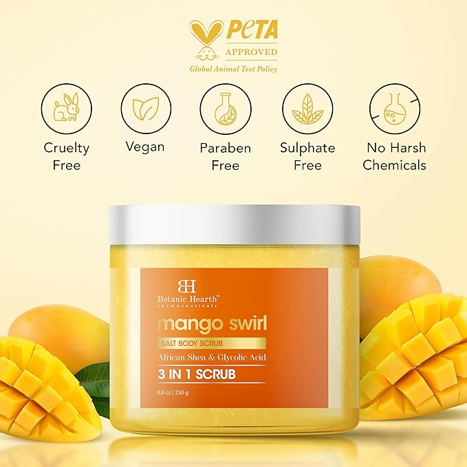 Botanic Hearth Mango Swirl Body Scrub | 8.8 Fl Oz | Exfoliating & Moisturizing Scrub for Smooth, Radiant Skin | Infused with African Shea & Glycolic Acid | 3 in 1 Scrub