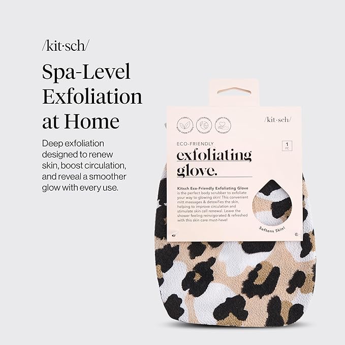 Kitsch Exfoliating Glove – Korean Exfoliating Mitt & Deep Exfoliating Body Scrubber for Shower, Bath | Body Exfoliator, Dead Skin Remover | Skin Care for Smooth, Renewed Skin - 1pc, Leopard