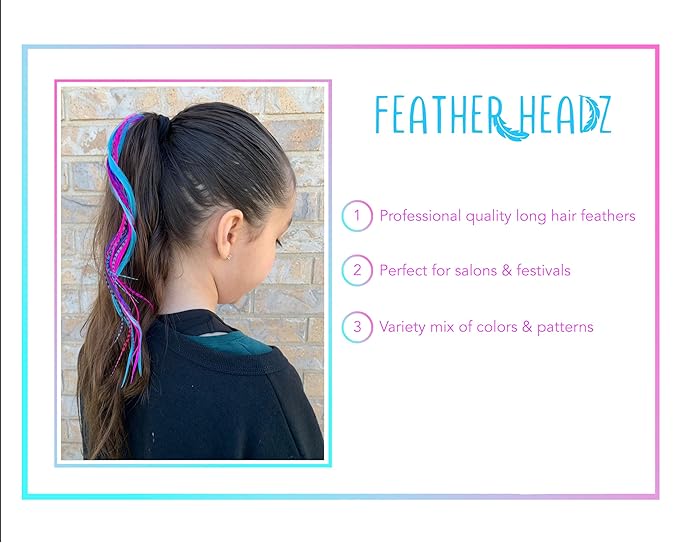 21 Purple Pink & Turquoise Color Hair Extensions – 9”–14” Long – DIY Rooster Kit with 20 Micro-Link Beads – 100% Real Feathers – Eye-Catching Boho Style