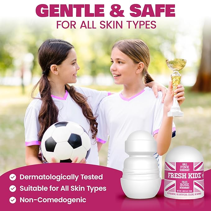 Fresh Kidz Roll On Deodorant for Kids and Teens - Baking Soda and Aluminum-free 24 Hour Protection for Sensitive Skin - Girls "Pink" 1.86 fl.oz. (3 Pack)
