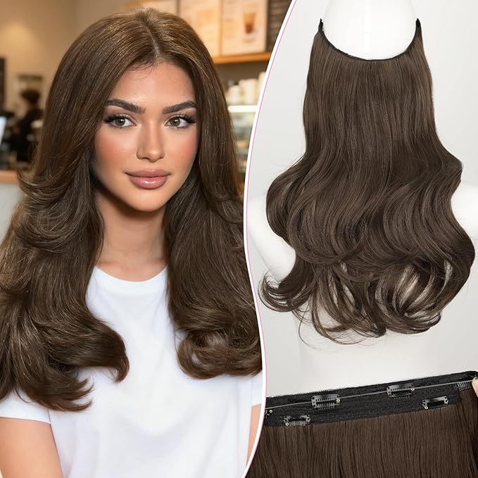 Invisible Wire Hair Extensions with Transparent Wire Adjustable Size 4 Secure Clips Long Wavy Secret Hairpiece 16 Inch for Women(Medium Brown)
