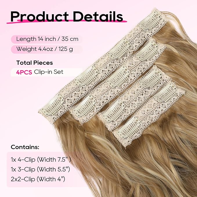 REECHO Hair Extensions, 4PCS Clip in Hair Extensions 14" Short Beach Wavy Invisible Lace Weft Natural Soft Hairpieces for Women – Honey Blonde with Highlights