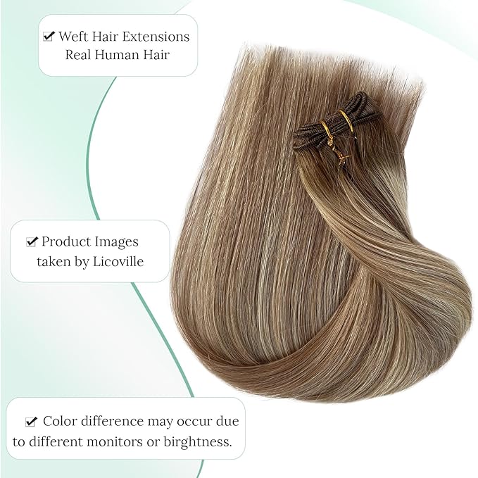 Sew in Hair Extensions Real Human Hair Weave Bundles Brown Roots Ash Brown and Bleach Blonde Balayage Highlight Hair Wefts Sew in Hand Tied Extensions Blonde with Highlights 18 Inch 100G