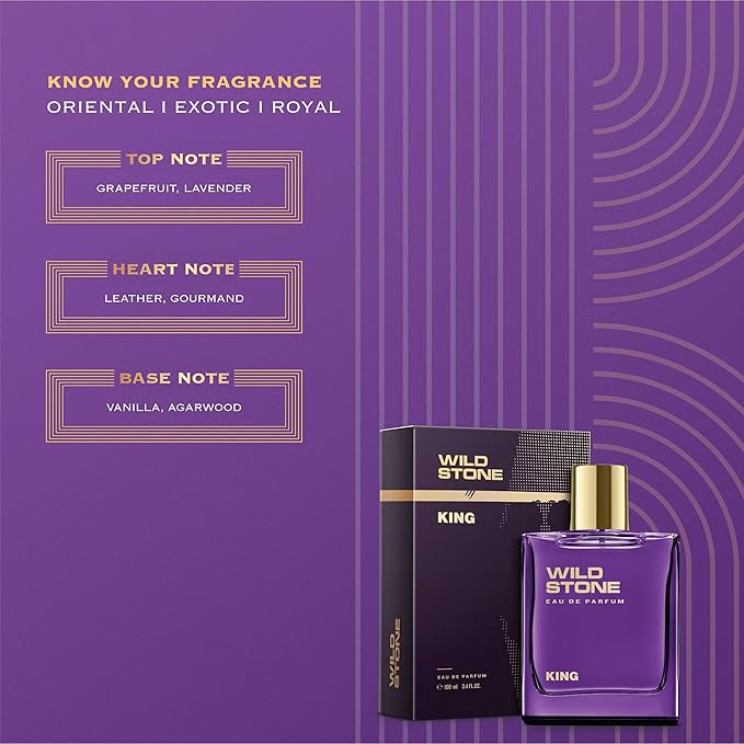 Wild Stone King Perfume for Men| Luxury Eau De Parfum | Long-Lasting Fragrance | Premium Perfume for Men l Infused with Woody & Oriental Notes 100 ml 3.4 Fl oz | Vegan | Clean Ingredients