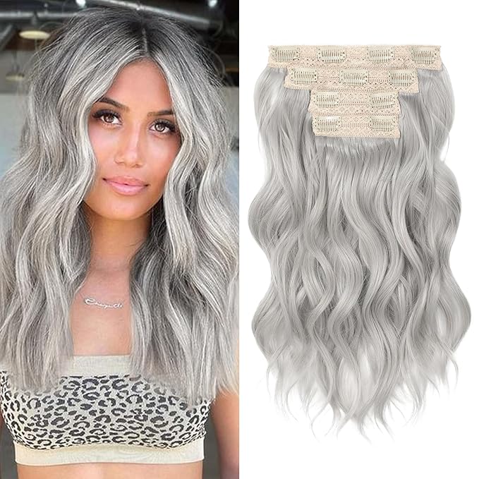 REECHO Clip in Hair Extensions - 14" Short Beach Wavy Hairpieces - Invisible Lace Weft - Natural Soft - Silver Grey