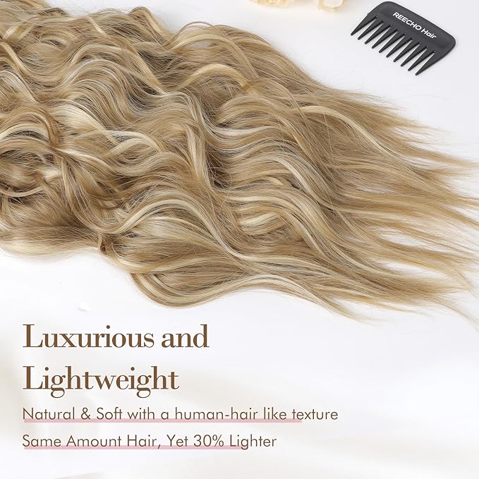 REECHO Hair Extensions, 4PCS Clip in Hair Extensions HE001 Natural Soft Synthetic Hairpieces for Women (20 Inch-200 Gram (Pack of 4), Golden Blonde with Highlights)