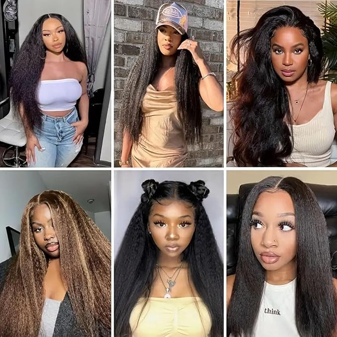 Yuksi Yaki Straight Human Hair Wig 13x6 Lace Front Wigs Human Hair Pre Plucked With Baby Hair 200% Density Kinky Straight Glueless Wigs Human Hair Pre Plucked (13x6 Yaki Straight Wig, 24 Inch)