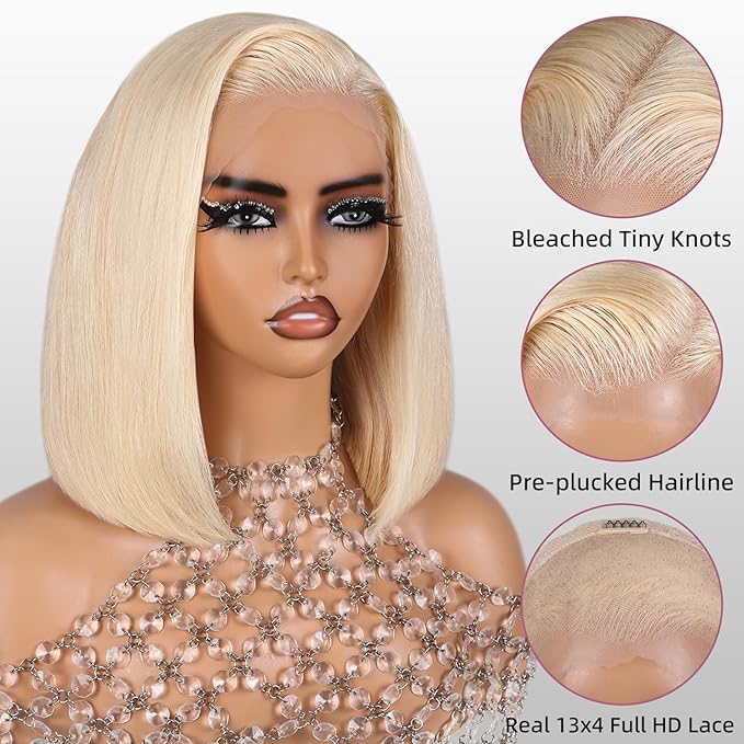 Blonde Bob Wig Human Hair 613 Lace Front Wig Human Hair 13X4 lace Front Bob Wig Pre Plucked With Baby Hair 210% Density 613 Short Bob Wigs for Women 10inch