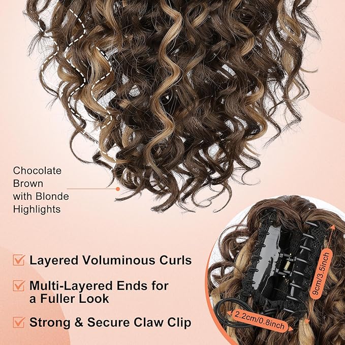 SEIKEA Ponytail Extension, 18" Claw Clip Ponytail Extension Wavy Curly Jaw Clip in Ponytail Hair Extensions Fluffy Natural Soft Fake Pony Tails Synthetic Hairpiece Chocolate Brown with Highlights