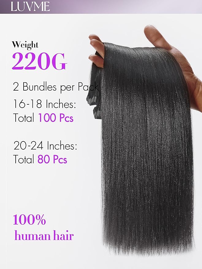 LUVME Tape in Hair Extensions Human Hair 2 Pack 110g 50pcs per Pack 14 Inch Yaki Straight Natural Black Double Sided Invisible Tape Extensions