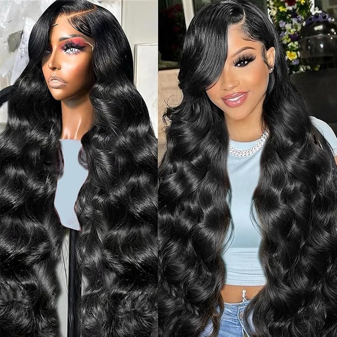 32Inch 13x6 Body Wave Lace Front Wigs Human Hair Pre Plucked HD Transparent Lace Frontal Wigs Human Hair 220% Density Glueless Wigs