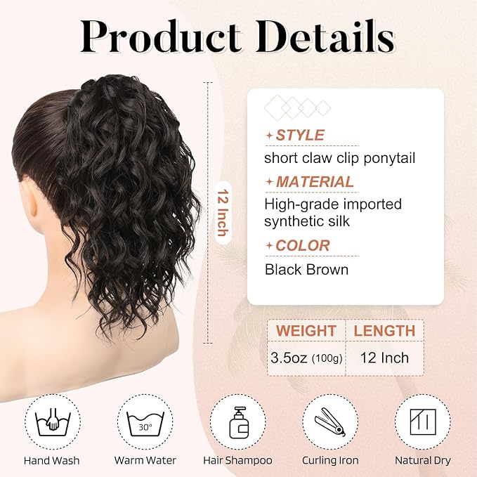Flufymooz Ponytail Extension, 12" Short Claw Ponytail Extension Wavy Curly Jaw Clip in Pony tails Hair Extension Natural Synthetic Hairpiece for Women (Black Brown)