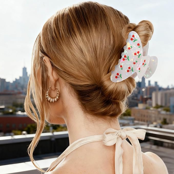 OWIIZI Cherry Hair Clips for Women 3.5" Durable Acetate Cute Hair Claw Clips Ponytail Barrette Strong Hold Acrylic Hair Accessories for Girls Long Thick Hair