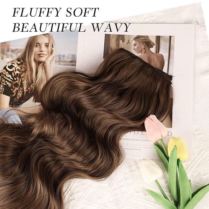 NAYOO Clip in Hair Extensions for Women 20 Inch Long Wavy Curly Medium Brown Hairpieces Full Head Synthetic Hair Hairpieces (6PCS,Medium Brown)