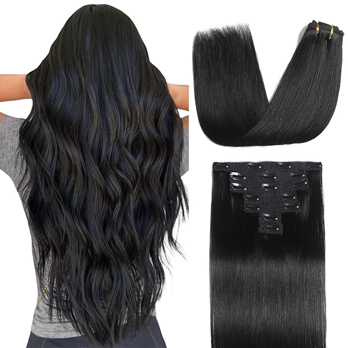 Sisily Clip in Hair Extensions Real Human Hair,16 inch 120g, Natural Straight Human Hair Clip in Extensions for Black Woman, Soft Straight 7pcs Per Set with 16 Clips Double Weft