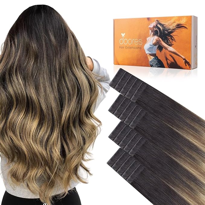 DOORES Invisi Edge Human Hair Tape in Extensions, 18 Inch, Dark Brown to Dirty Blonde, 10 Injection Tape-ins with 10 Injection Tape-ins, 50g, Straight