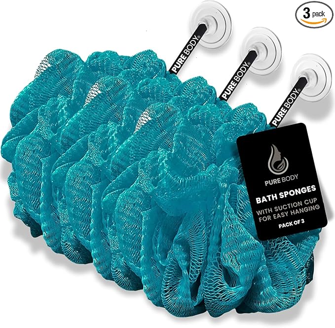 Large Bath Sponge Pack of 3 – Gentle Exfoliation Loofahs with Suction Cup for Easy Drying, Soft 70G Mesh Poufs for All Skin Types, Lather for Daily Use (Tropical Green)