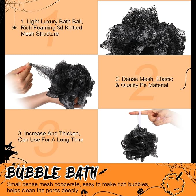 12 Pcs Christmas Bath Loofah Sponge Red Green Loofah Exfoliating Body Scrubber Shower Sponge 50g Mesh Shower Pouf Balls Gift Set for Women Men Bathing Accessories(Black,Orange)