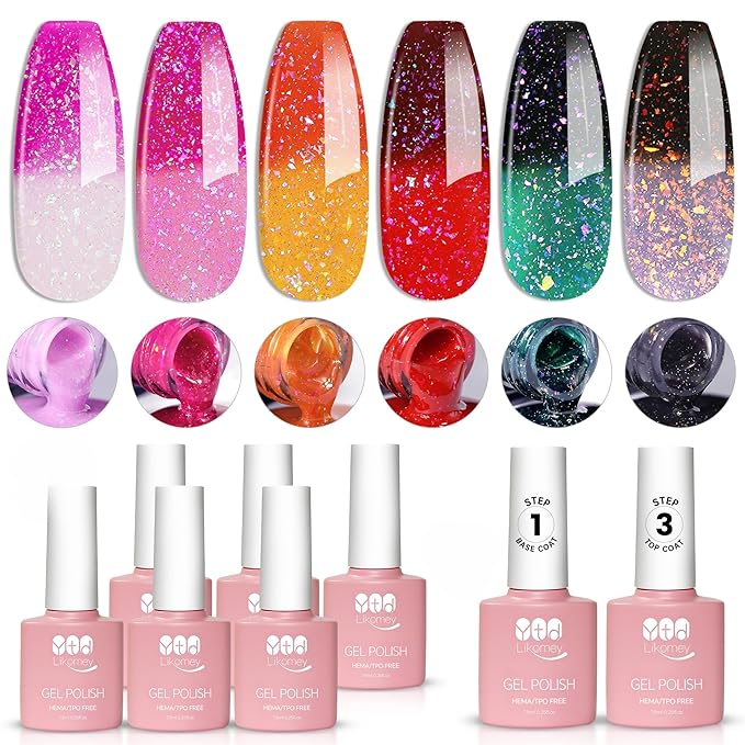 YTD Likomey Color Changing Gel Nail Polish with Base Coat and Top Coat Set,Fall Winter Shine Brocade Glitter Mood Temperature Change Red Green Pink Black Thermal Ombre UV Color Gel,8 Pcs 7.5 ml