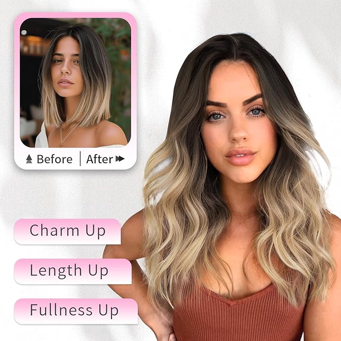 KooKaStyle Short Hair Extensions 6PCS 14 Inch Wavy Curly Hairpieces Synthetic Soft Lace Weft Clip in Hair Extensions-Ombre Brown to Mixed Blonde for Women