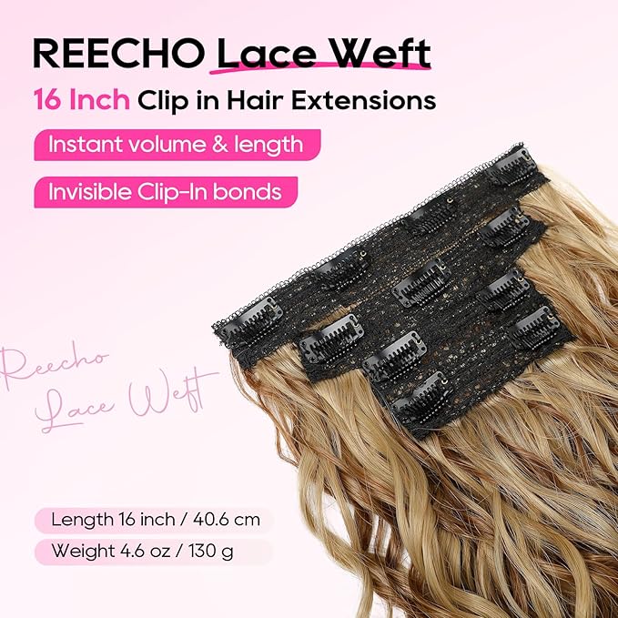 REECHO Curly Hair Extensions, 4PCS 16 inch Clip in Hair Extensions Lace Weft Short Curly Hair Extension Clip Ins Natural Hairpieces for Women, Light Brown with Honey Blonde Highlights