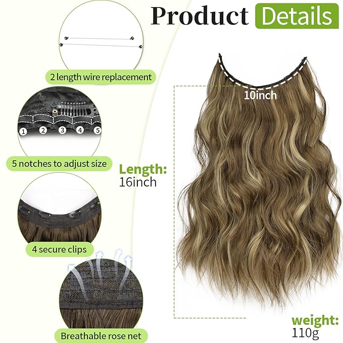 KooKaStyle Invisible Wire Hair Extensions with Transparent Headband Adjustable Size 4 Secure Clips Long Wavy Secret Wire Hairpiece 16 Inch for Women(Medium Brown with Blonde)626D#