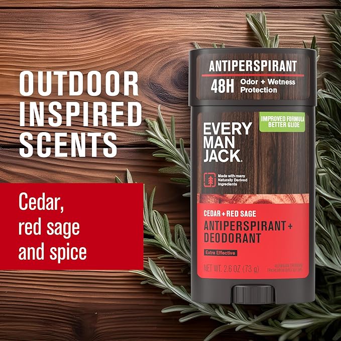 Every Man Jack Men’s Cedar + Red Sage Antiperspirant Deodorant – New & Improved Formula – 48-Hour Odor & Sweat Defense– 2.6 oz (2 Pack)