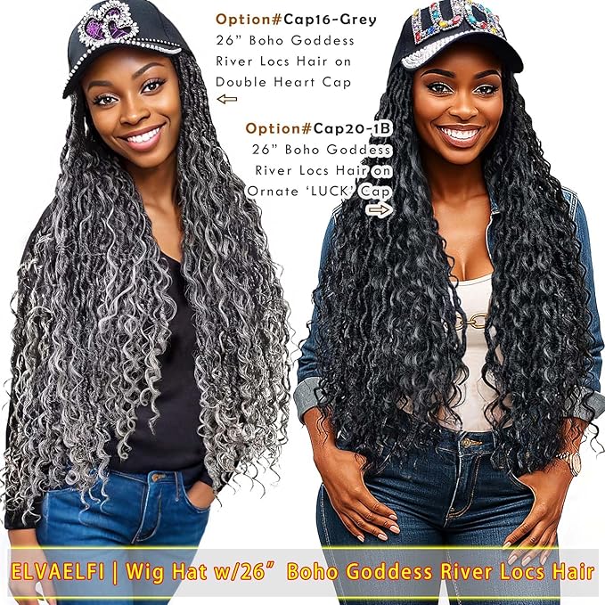 26" Boho Goddess River Locs Crochet Hair Extensions Gradient Grey, Shine Heart Baseball Cap Wigs for Women