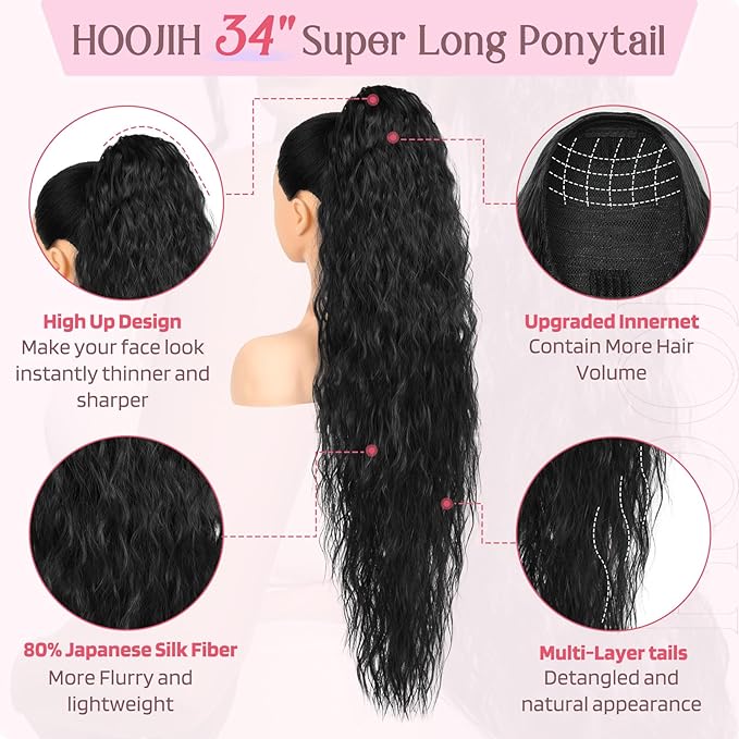 HOOJIH Ponytail Extension, 34 Inch Long Wavy Drawstring Ponytail Hair Extensions Black Pony Tail Extension Synthetic Hairpiece for Women Daily Use - Black