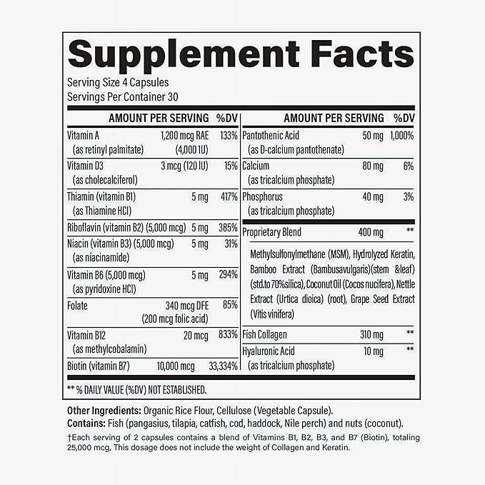 Women’s Hair Growth Skin & Nails Vitamins with Biotin 10,000 mcg, Collagen, Keratin, MSM & Bamboo Extract Drug-Free Formula for Thicker Hair, Strong Nails & Glowing Skin 120 Capsules, 1-Month Supply