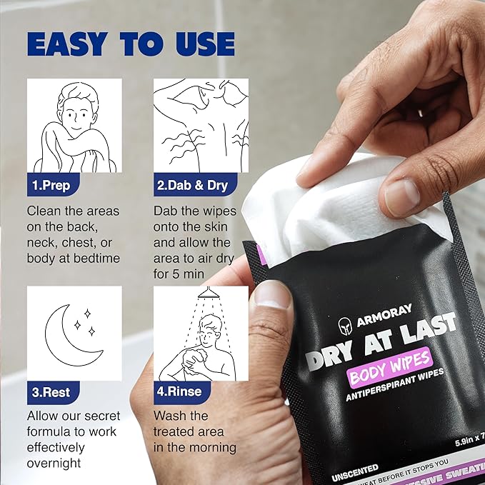 Armoray Dry At Last Body Antiperspirant Wipes - Individually Wrapped - Deodorant Wipes Women for Sweat Protection - Hyperhidrosis Anti Perspirant Women & Men - for Anti Sweating Hands
