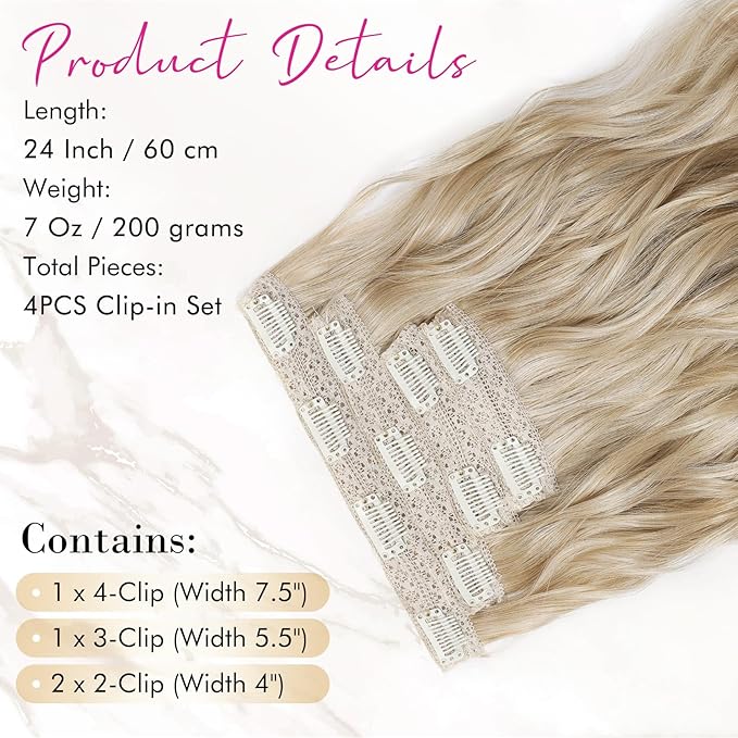 REECHO Clip in Hair Extensions, 4PCS Blonde Hair Extensions 24" Thick Long Beach Waves hair extensions HE003 Invisible Lace Weft Natural Soft Hairpieces for Women – Dark Blonde with Light Ends