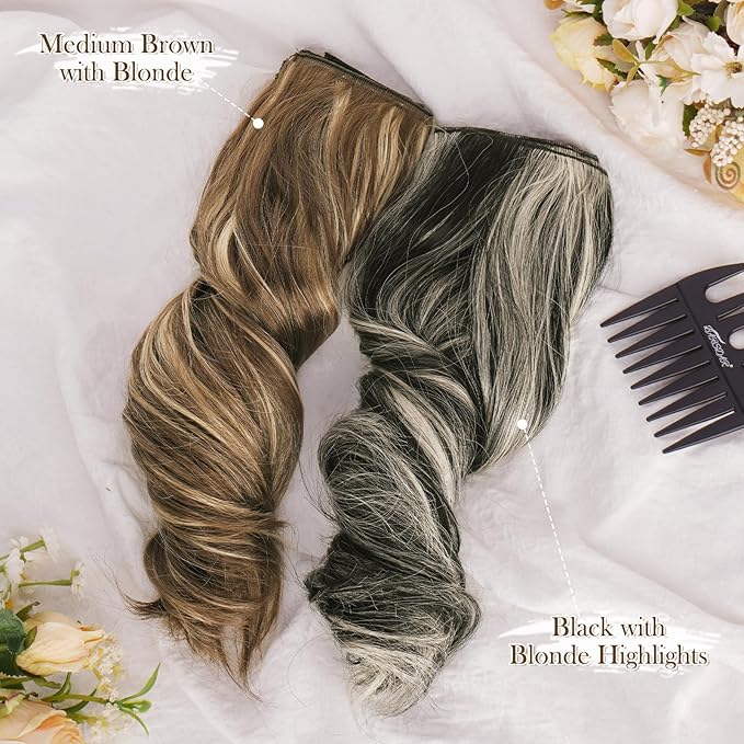 BARSDAR Highlight Clip in Hair Extensions - 12 Inch Short Wavy Synthetic Clip in Hairpieces for Women - 6PCs Full Head Thick Daily Party Medium Brown & Blonde
