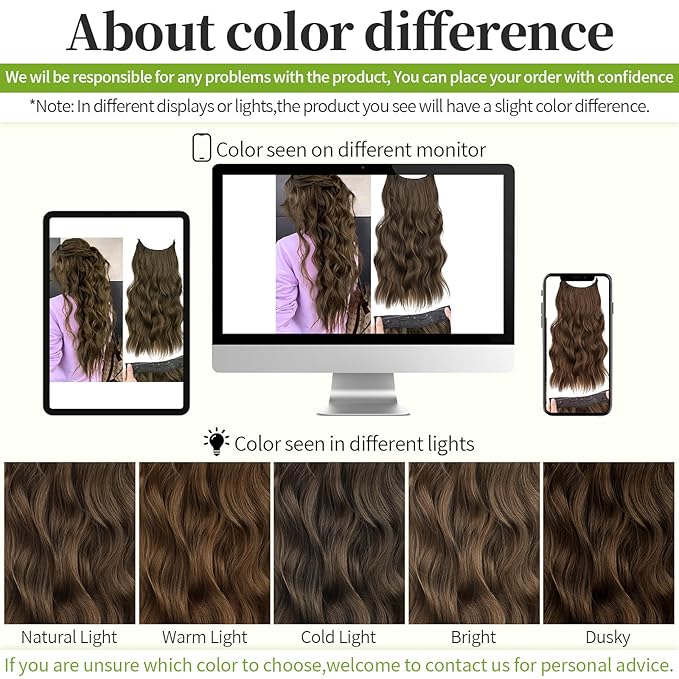 KooKaStyle Invisible Wire Hair Extensions with Transparent Wire Long Wavy Synthetic Hairpiece with 4 Secure Clips Adjustable Secret Headband for Women(20 Inch Chestnut Brown)