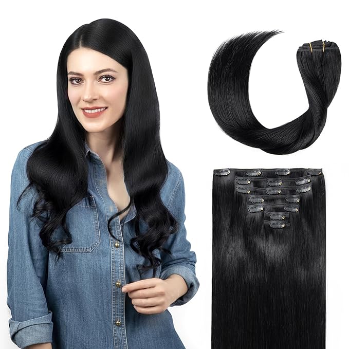Clip in Hair Extensions Real Human Hair, Jet Black 100% Human Hair Extensions Clip in, Tangle-free Silky Straight Hair Extensions for Women, #1 22Inch 120G 7PCS