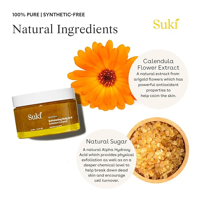 Suki Exfoliating Body Scrub With Calendula Oil and Alpha Hydroxy Acid, Hydrating And Deep Cleaning Sugar Scrub, 6.09 Oz
