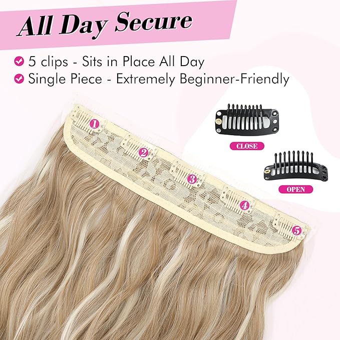 REECHO Clip in Hair Extensions, 20” One Piece Hair Extension Clip in Wefts Long Thick Beach Wavy Natural Soft Synthetic Hairpieces for Women, Medium Blonde with Highlights
