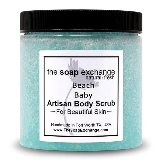 The Soap Exchange Sugar Body Scrub - Beach Baby Scent - Hand Crafted 8 fl oz / 240 ml Natural Artisan Skin Care, Shea Butter, Exfoliate, Moisturize, & Protect. Made in the USA.