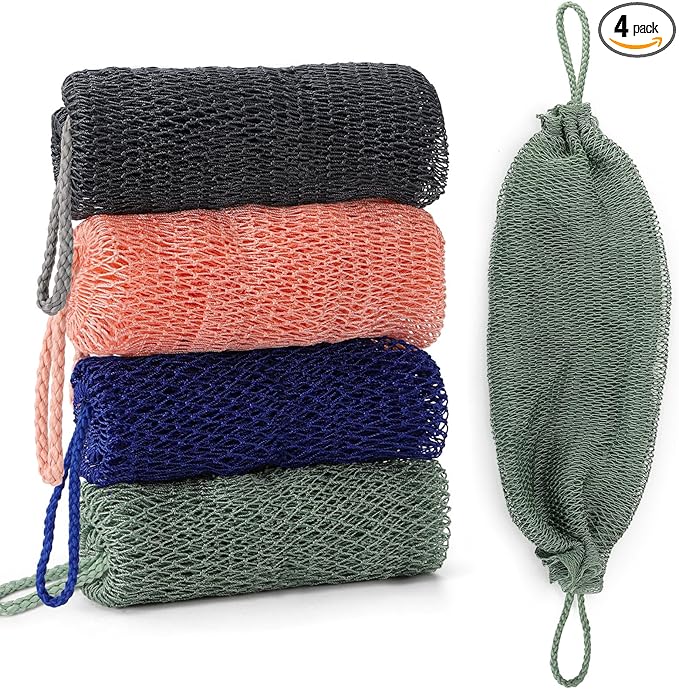 Authentic African Exfoliating Net, 4 Pcs Knotted Bath Net Sponge Loofah Exfoliating Washcloth Back Scrubber for Shower
