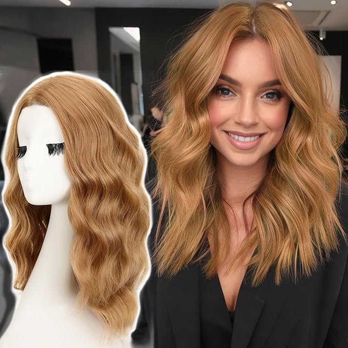 AISI HAIR Light Brown Wig for Women Medium Length Wave Curly Glueless Synthetic Heat Resistant Hair Wigs for Daily Party Cosplay