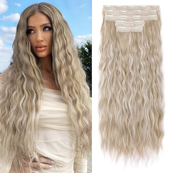 REECHO Clip in Hair Extensions, 5PCS Ash Blonde Hair Extensions 24" Thick Long Loose Waves hair extensions HE002 Invisible Lace Weft Natural Soft Hairpieces for Women – Ash Blonde with Highlights
