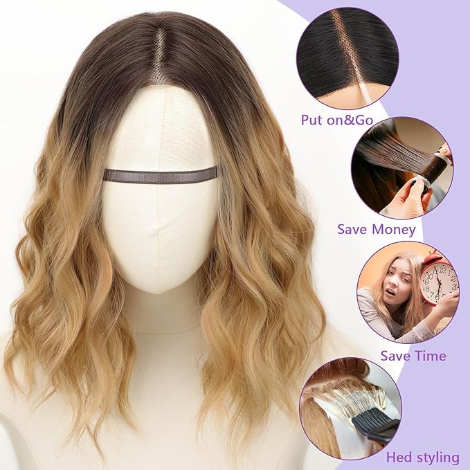 AISI HAIR 14 Inch Dark Brown Ombre Blonde Wigs for Women - Shoulder Length Wave Wig with Pre-Cut Lace Hairline, Middle Part Natural Wavy Bob Synthetic Heat Resistant Fiber for Daily and Party