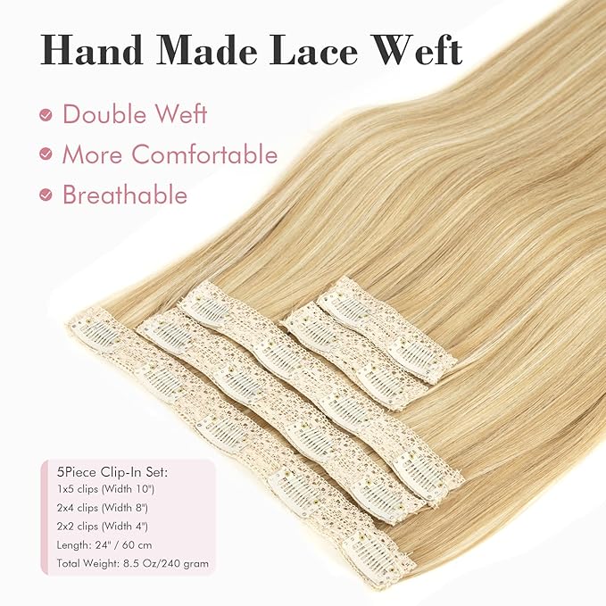 REECHO Clip in Hair Extensions, Hair Extensions Thick Long Lace Weft Lightweight Synthetic Hairpieces for Women (24 Inch-240 Gram(Pack of 5), Golden with Highlights)