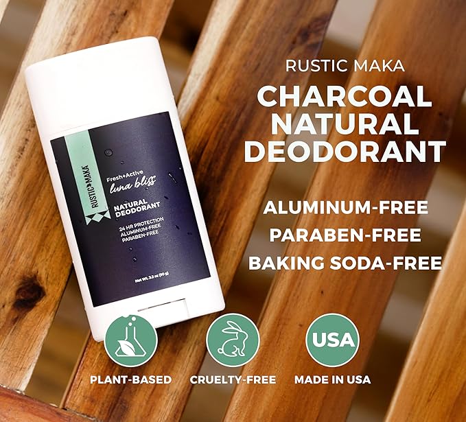 Rustic MAKA Natural Deodorant, Luna Bliss, Aluminum Free, Paraben Free, Baking Soda Free, Deodorant for Women, Activated Charcoal + Magnesium, Cruelty-Free, 3-Pack