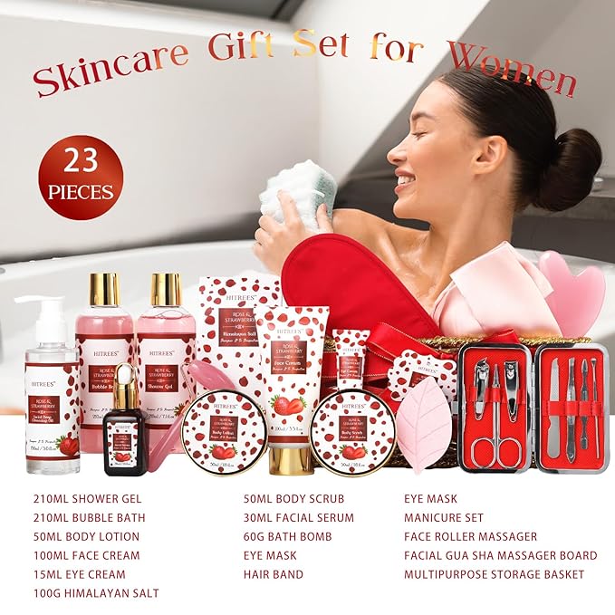 Red Gift Basket, Gift For Women, Gifts For Women Luxury Rose&Strawberry Spa Gift Set, Christmas 23PCS Gift Baskets ,Valentines Day Mothers Day Christmas Day Gift