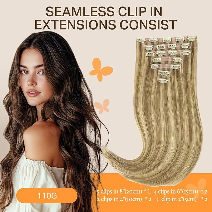 DOORES Seamless Clip in Hair Extensions Real Human Hair, Light Blonde Highlighted Golden Blonde 16 Inch 110g 7pcs, Human Hair Extensions Seamless Invisible PU Weft Hair Invisi Edge Hair Extensions