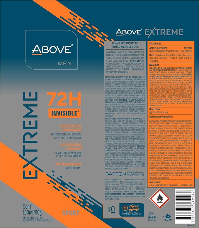 ABOVE Extreme Men Sport - 72H Antiperspirant Spray Deodorant for Men 5.07 Fl Oz | Aluminum-Free | Fresh Mist, No Stain, No Alcohol, Long-Lasting Men's Deodorant Spray | Lavender, Amber, & Jasmine